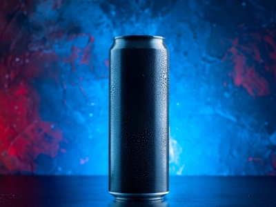 An energy drink on a desk